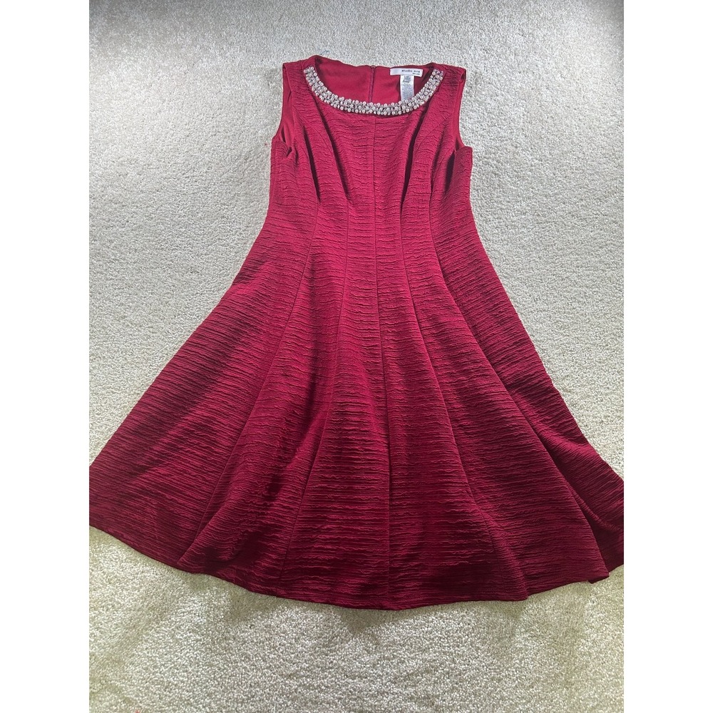 Studio One Dress Women's Red 6P Pearl Beaded Sleeveless Fit Flare